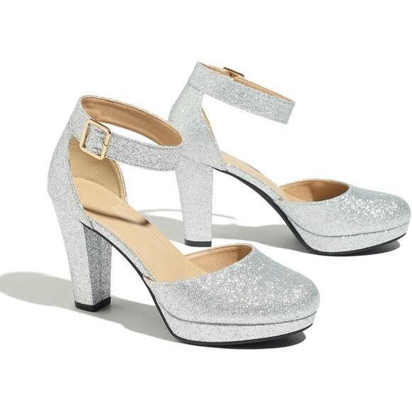 Women's High Block Heels Pumps Round Closed Toe Ankle Strap Wedding Dress Shoes - Picture 3 of 6